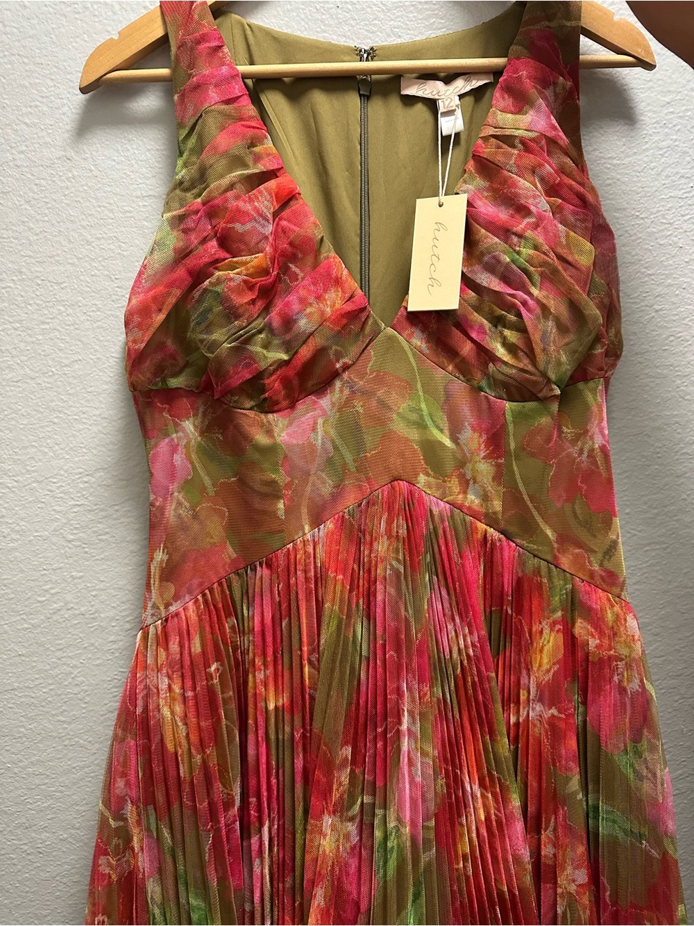 Eliana Floral Pleated Gown Dress - Pink & Olive watercolor